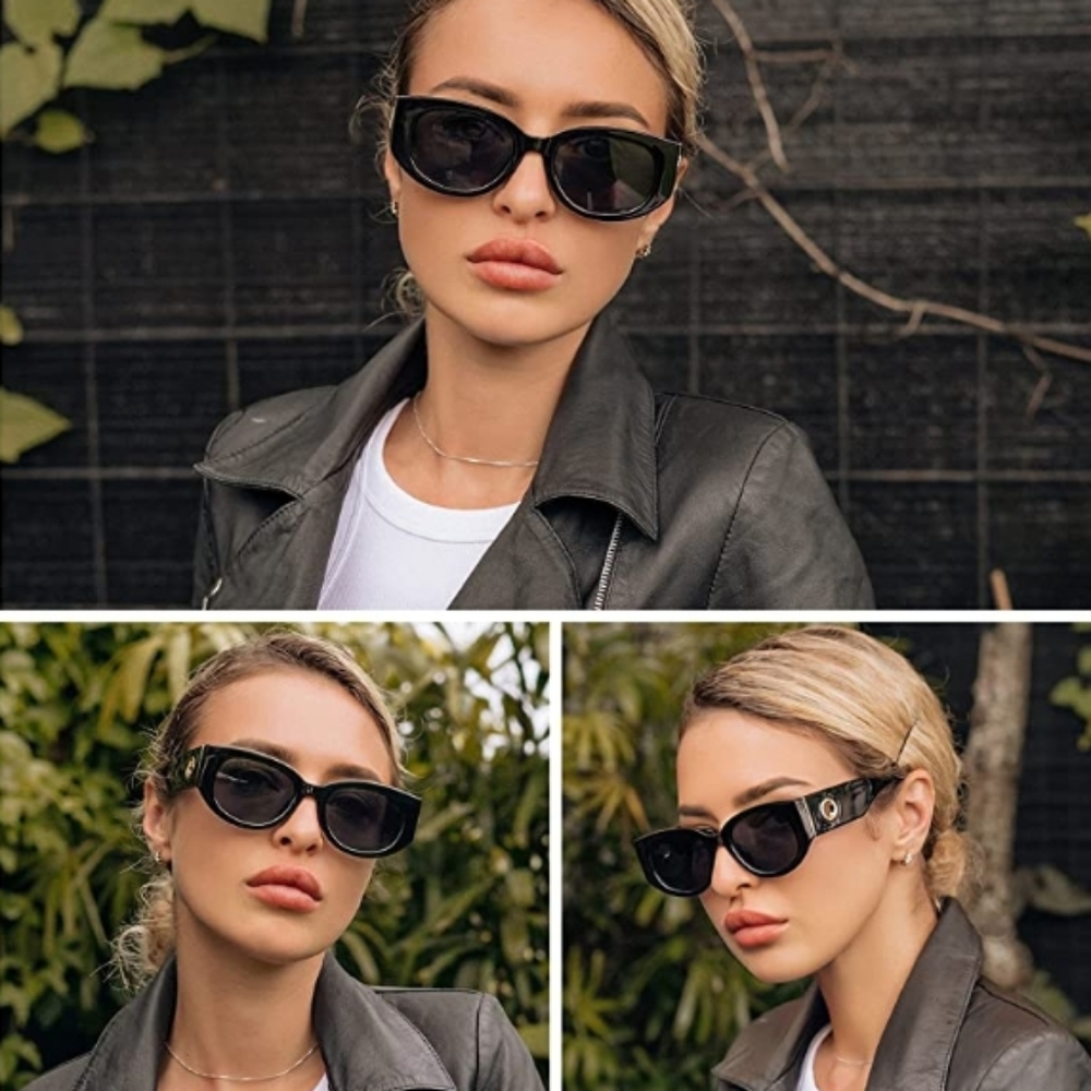 Sunglasses for Women Cat Eye Rectangle Thick Chic Frame Black - Picture 7 of 7